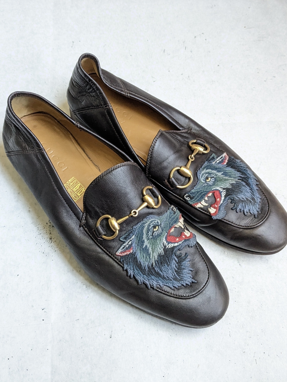 Gucci Brown Leather Horsebit Loafers with Embroidered Wolf Men's US 9.5